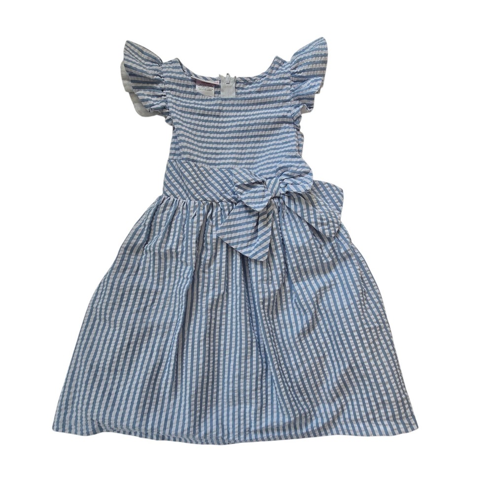 Bonnie Jean Seersucker Stripe Party Dress Girls 6X Blue White Bow Lined Nautical